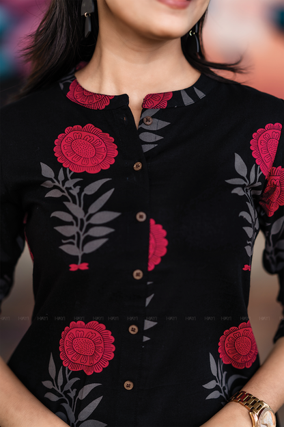Fuchsia Mist Black Cotton Co-ord with Chinese collar & 3/4th sleeves