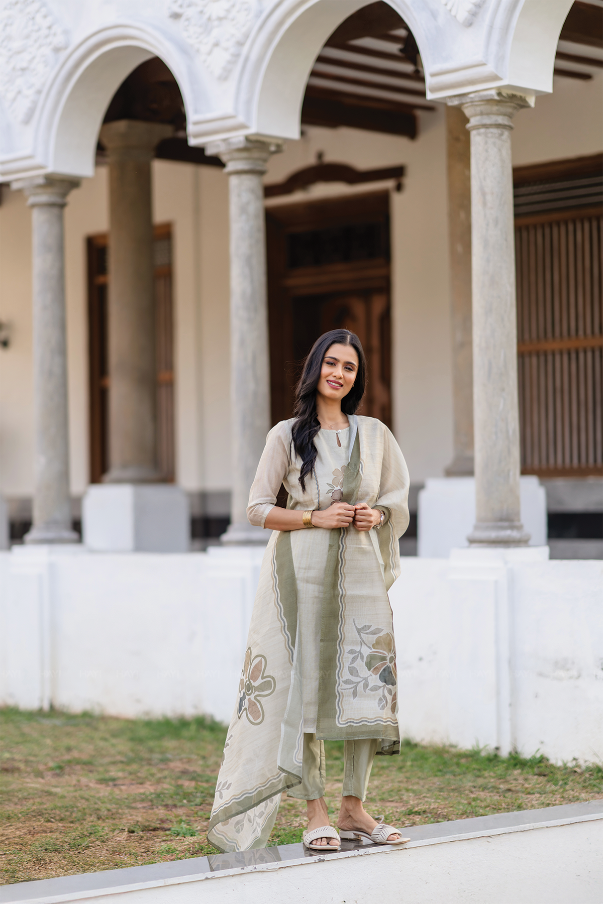 Pista Noor 3 Piece Tussar Silk Blend Printed Embroidery Kurta with Pant & Dupatta
