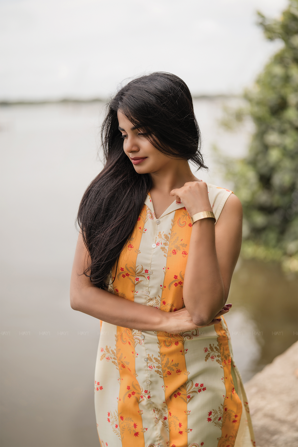 Sylan Yellow with Sunshine floral printed Linen Blend Kurta with attached 3/4th Sleeves