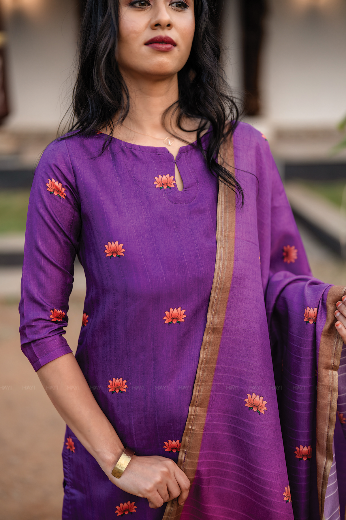 Ivanya Violet 3 Piece Tussar Silk Blend Printed Kurta with Pant & Dupatta