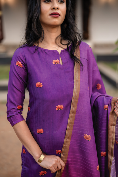 Ivanya Violet 3 Piece Tussar Silk Blend Printed Kurta with Pant & Dupatta
