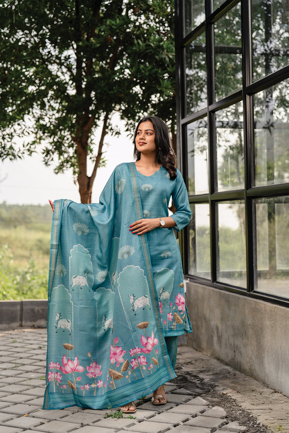 Lotus Charm Blue 3 Piece Tussar Silk Blend Printed Kurta with Pant & Dupatta