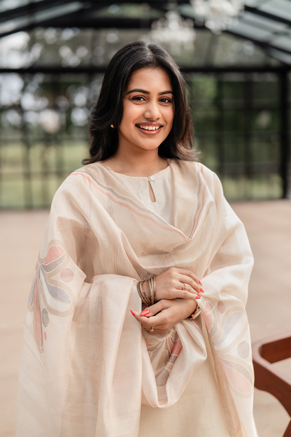 Pearl Off-White 2 Piece Silk Blend Placement Printed Embroidery Kurta with Pant & Dupatta