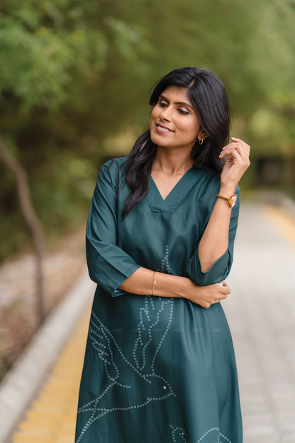 Tender Green with Wings Of Dusk Linen Blend A-line Dress