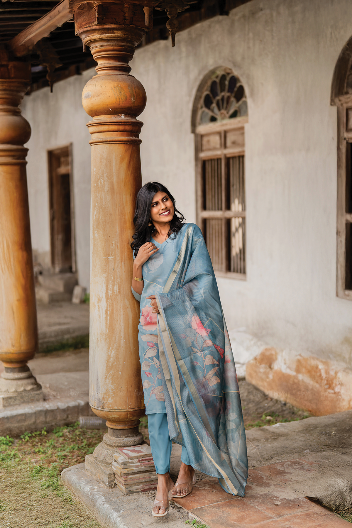 Blush Horizon Blue 3 Piece Shimmer Tissue Blend Floral Placement Print Kurta with Pant & Dupatta