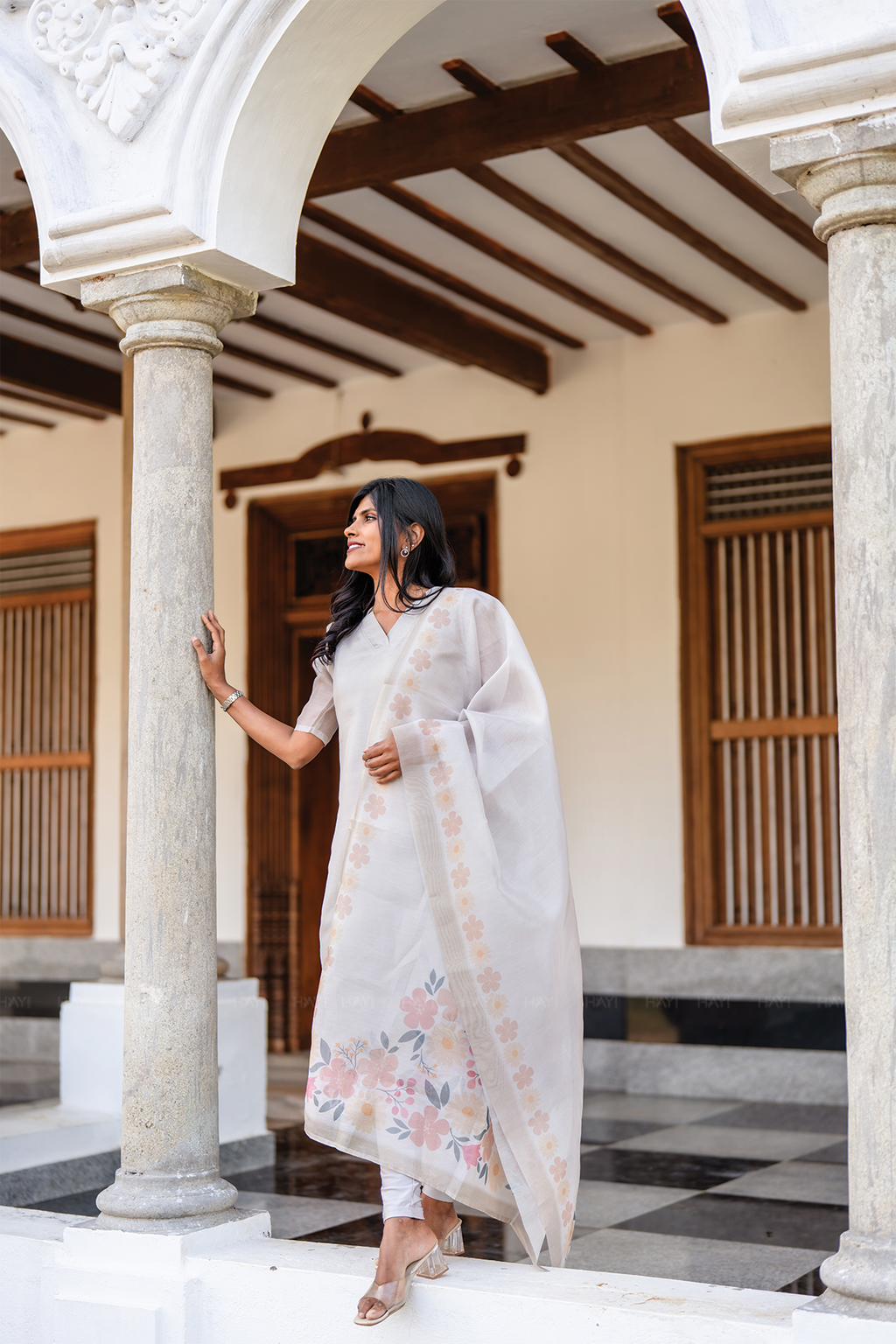 Silver Blossom 3 Piece Silk Blend Hand Embroidery Kurta with leggings & Dupatta