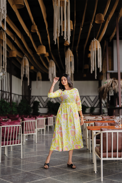 Bloom Breeze Green Viscose Dress with Boat Neck & 3/4th Sleeves