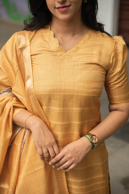 Swanira Yellow printed 2 Piece Jacquard Kurta with Dupatta