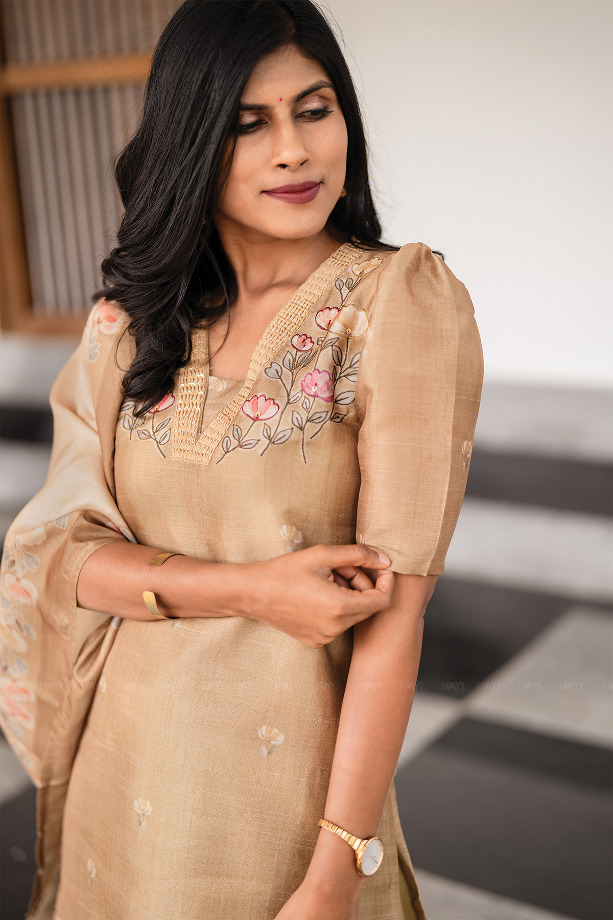 Classic Natural Yellow 3-Piece Tussar Silk Blend Floral Hand-Embroidered Kurta with Pant & Dupatta