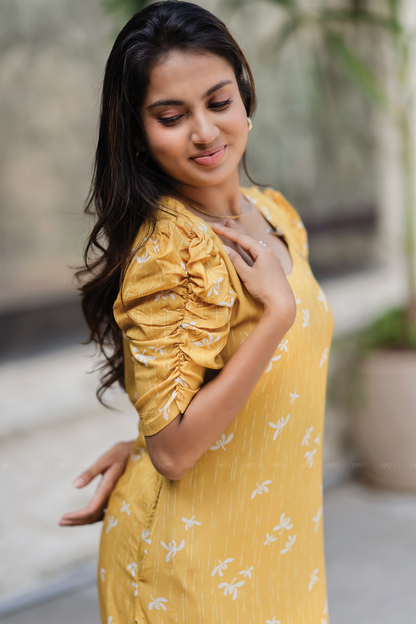 Lemon Pop Yellow Viscose Kurti with Sweetheart Neck & Ruched Sleeves