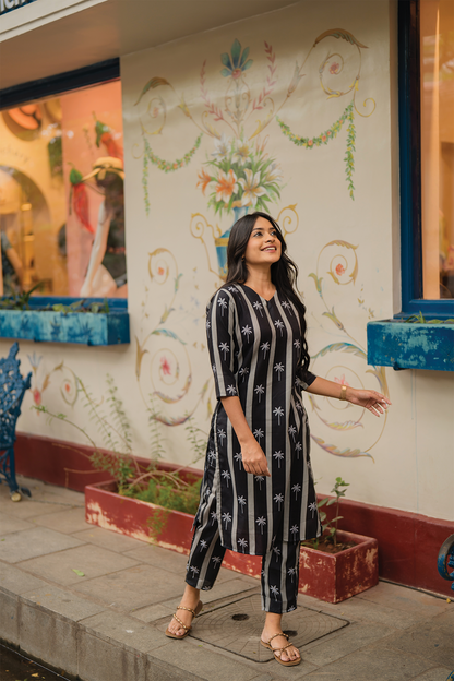 Ashen Black with Palm Serenity printed Linen Blend Co ords