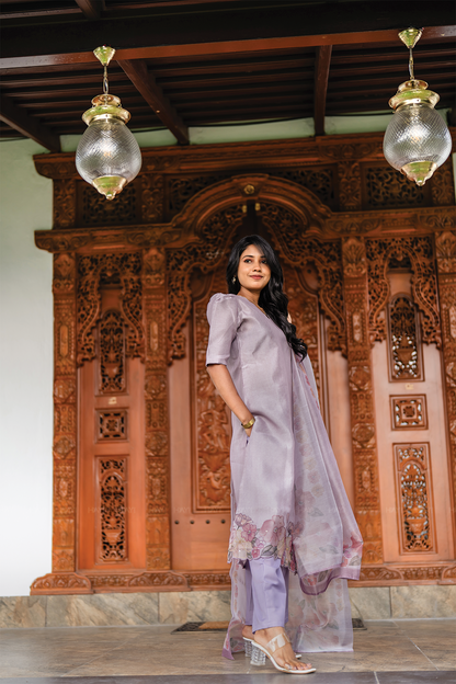 Lilac Blossom 3 Piece Crush Silk Blend Hand-Embroidered Kurta with Pant & Dupatta