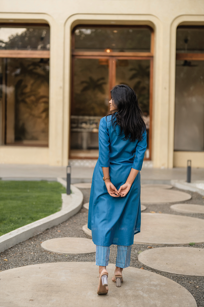 Moonbloom Stride Blue Linen Blend A-Line Co-ord with Shirt Collar & Placement Print