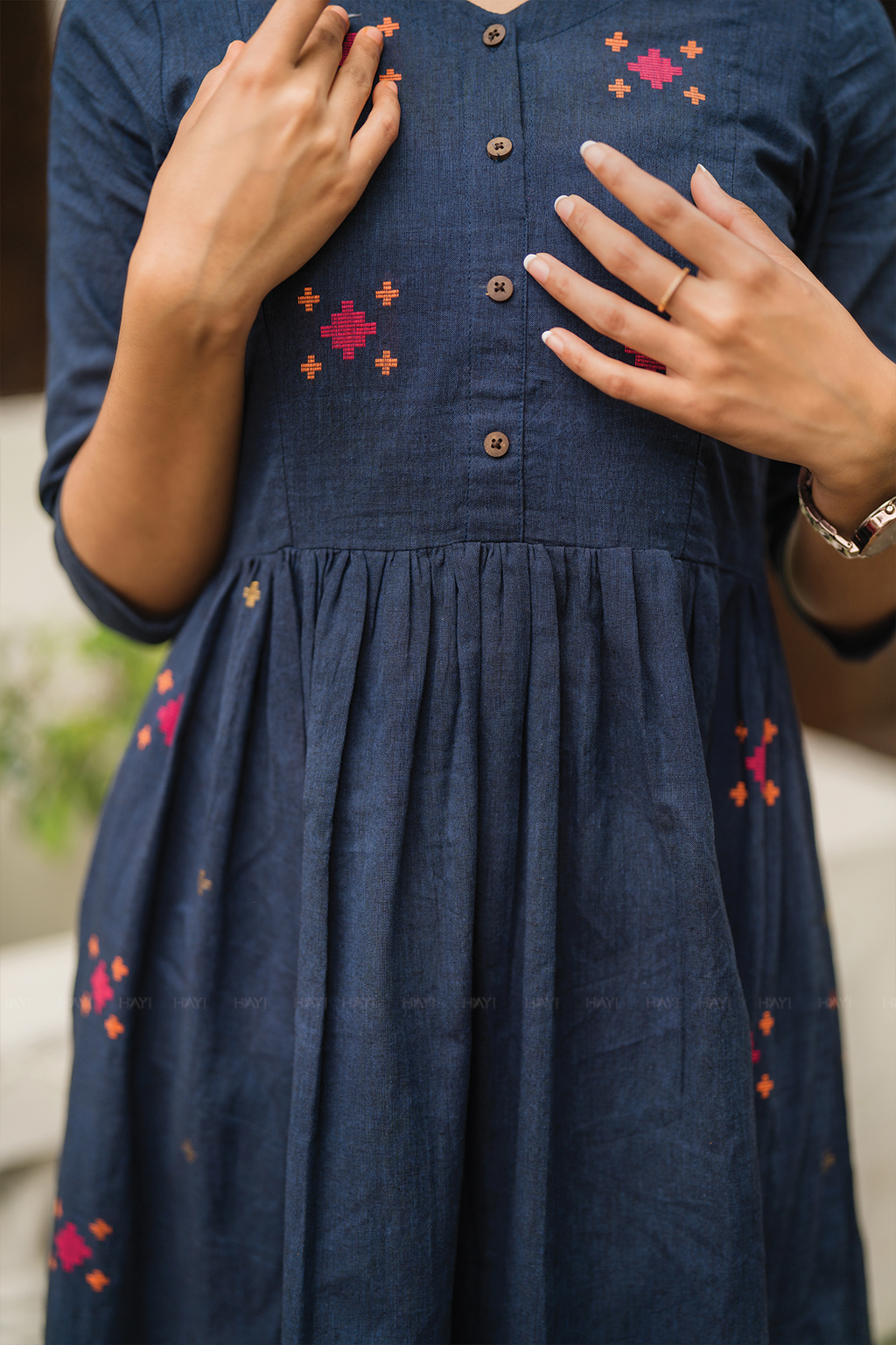 Smoke wood Blue Handloom Dress with V-Neck & 3/4th Sleeves