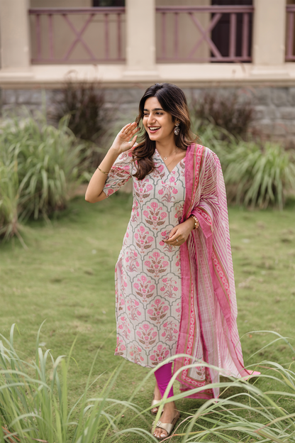 Bloomveil Half-White printed 2 Piece Linen Blend Kurta with Dupatta