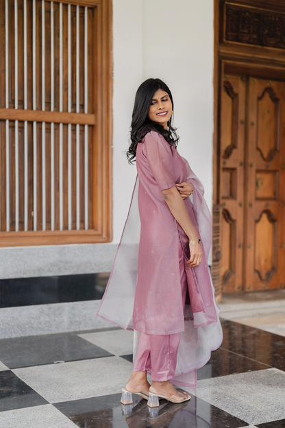 Pinkshift Shimmer 3 Piece Tissue Hand-Embroidered Kurta with Pant & Dupatta