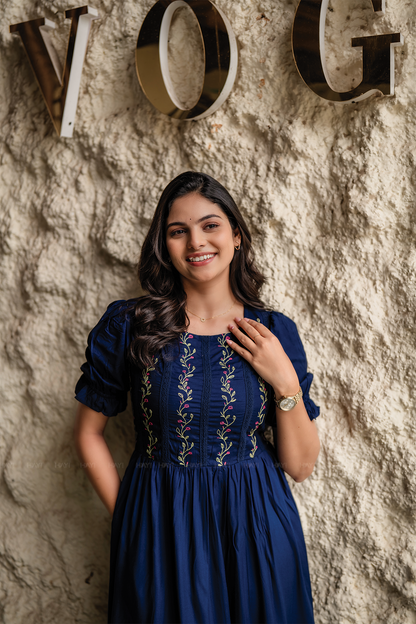 Rosevine Whisper Navy Embroidered Viscose Dress with Boat Neck & Elbow-Length Puff Sleeves