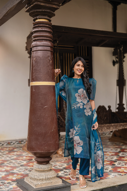 Lagoon Petals 3 Piece Peacock Blue Organza Printed Kurta with Pant & Dupatta