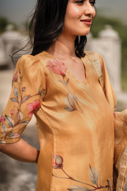 Floral Silkshine Yellow 3 Piece Shimmer Tissue Blend Floral Placement Printed Kurta with Pant & Dupatta