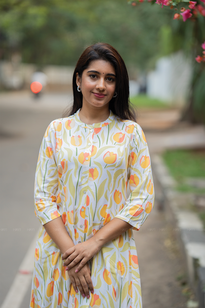 Garden Melody Off-White Viscose A-Line Kurta with Chinese Collar & 3/4th Sleeves