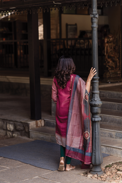 Rustic Grace Red Piece Shimmer Tissue Blend Placement Printed Kurta with Pant & Dupatta