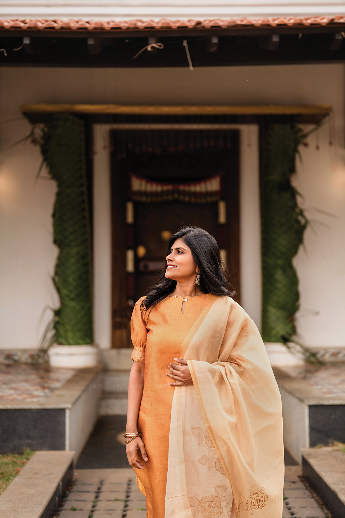 Aurel Yellow 3 Piece Tussar Silk Blend Printed Kurta with Pant & Dupatta