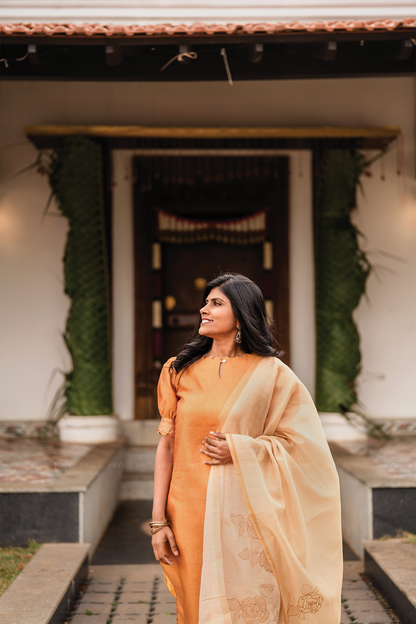Aurel Yellow 3 Piece Tussar Silk Blend Printed Kurta with Pant & Dupatta