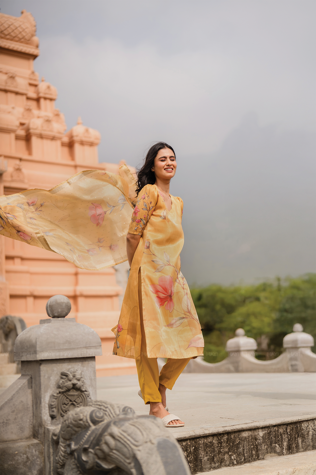 Floral Silkshine Yellow 3 Piece Shimmer Tissue Blend Floral Placement Printed Kurta with Pant & Dupatta