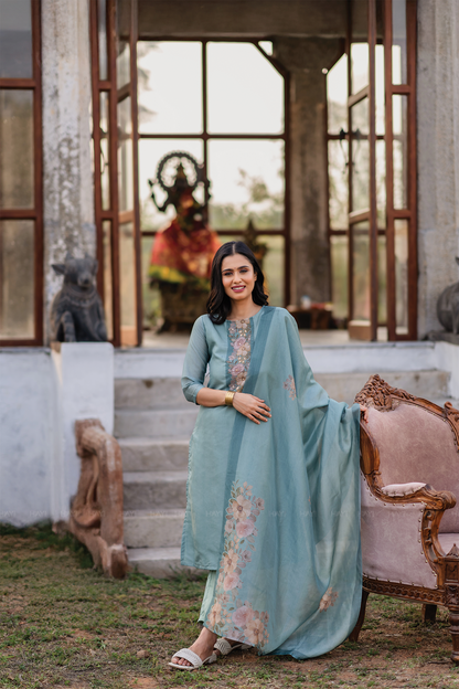Rustic Charm Green 3 Piece Shimmer Tissue Blend Embroidered & Printed Kurta with Pant & Dupatta