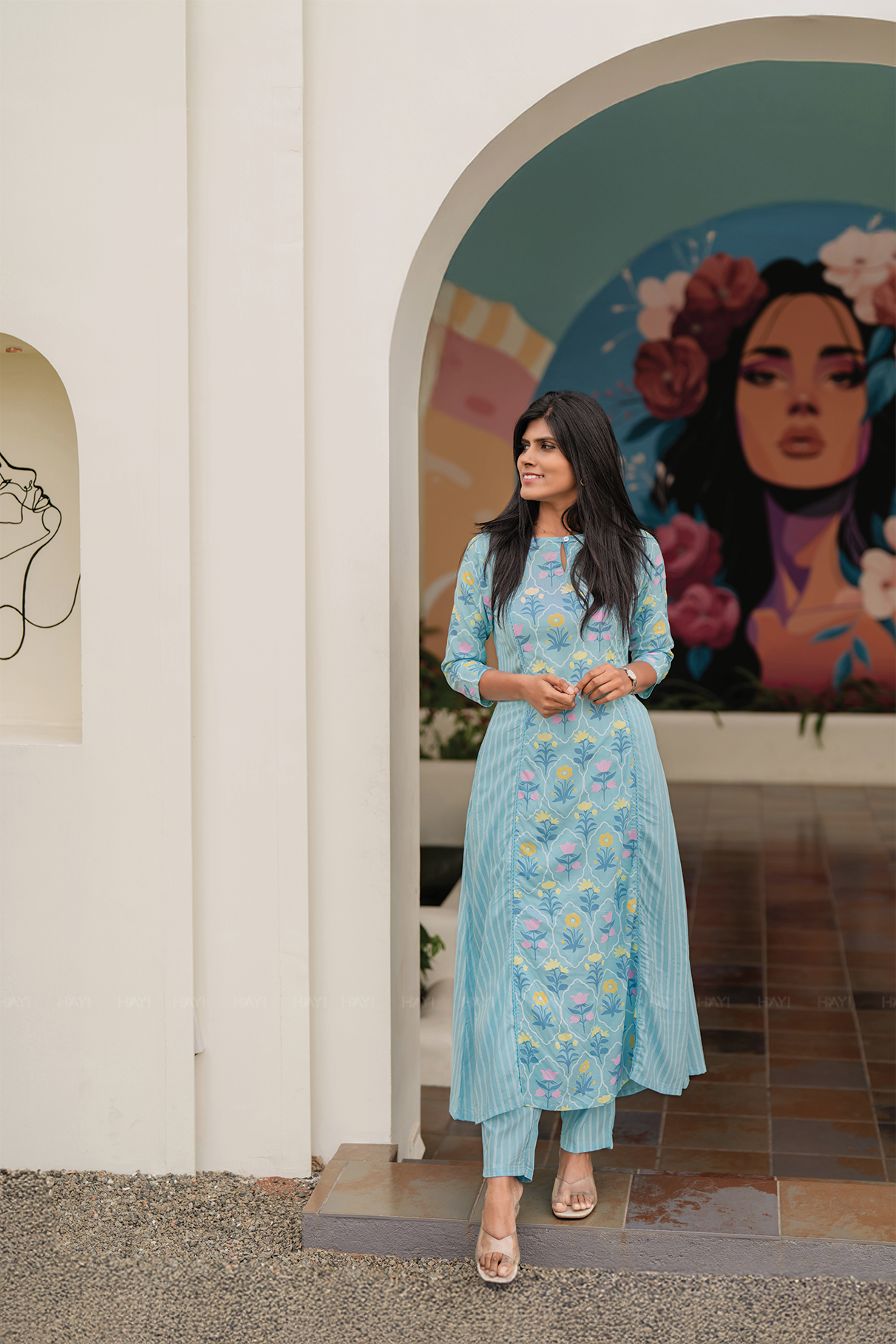 Bloomscape Blue Viscose Co-ord with Boat Neck & 3/4th Sleeves