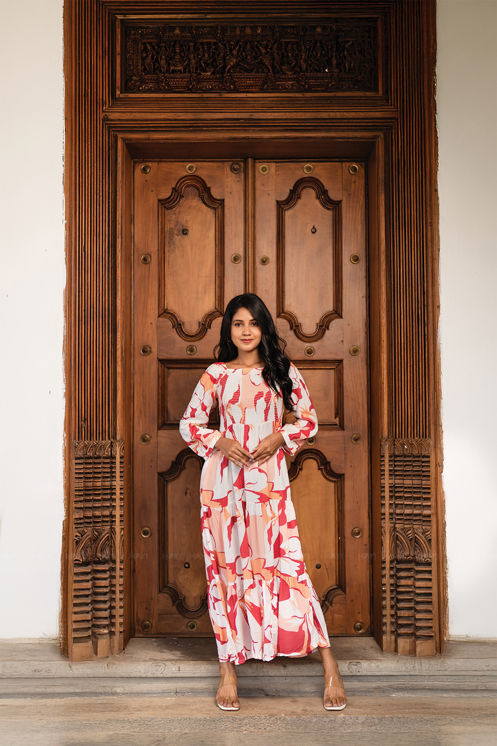 Sweet Sunset Beige Viscose Dress with Square Neckline & 3/4 Sleeves with Gathered Cuffs