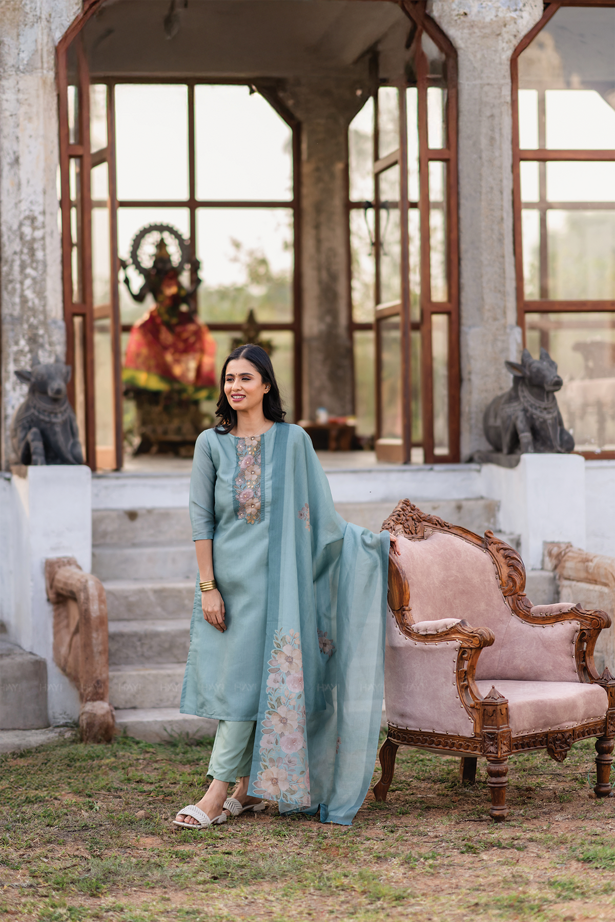Rustic Charm Green 3 Piece Shimmer Tissue Blend Embroidered & Printed Kurta with Pant & Dupatta