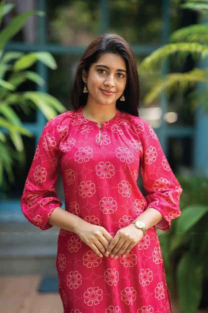 Mystic Berry Majenta Viscose Kurta with Neck Band & light Gathered Sleeves