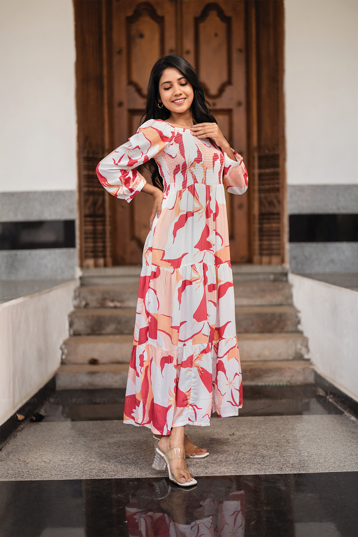 Sweet Sunset Beige Viscose Dress with Square Neckline & 3/4 Sleeves with Gathered Cuffs