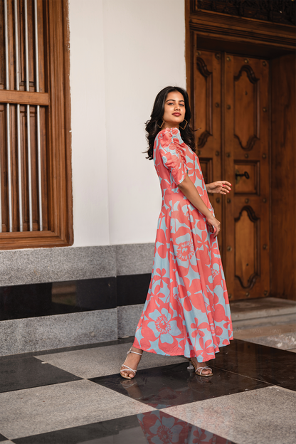 Coral Petal Blue Viscose Dress with Boat Neck & Ruched Sleeves