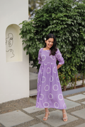 Lavender Ring Viscose Dress with Square Neckline & Puff Sleeve