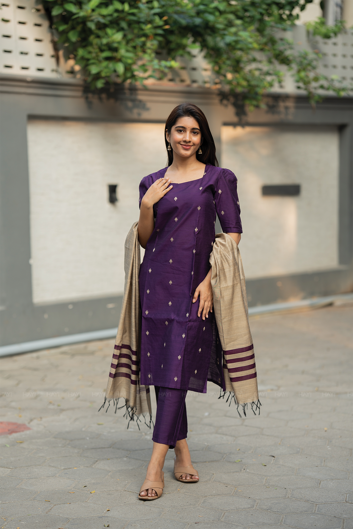 Noorvi Stripe Violet 3 Piece Viscose Jacquard Weave Kurta with Pant & Dupatta