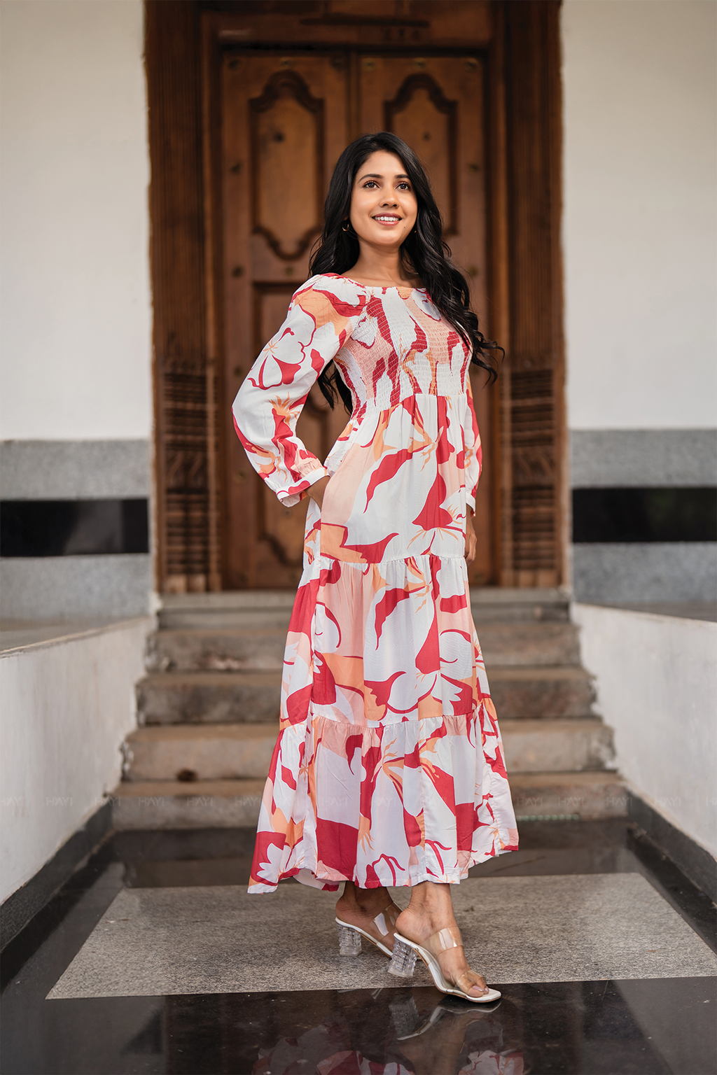 Sweet Sunset Beige Viscose Dress with Square Neckline & 3/4 Sleeves with Gathered Cuffs