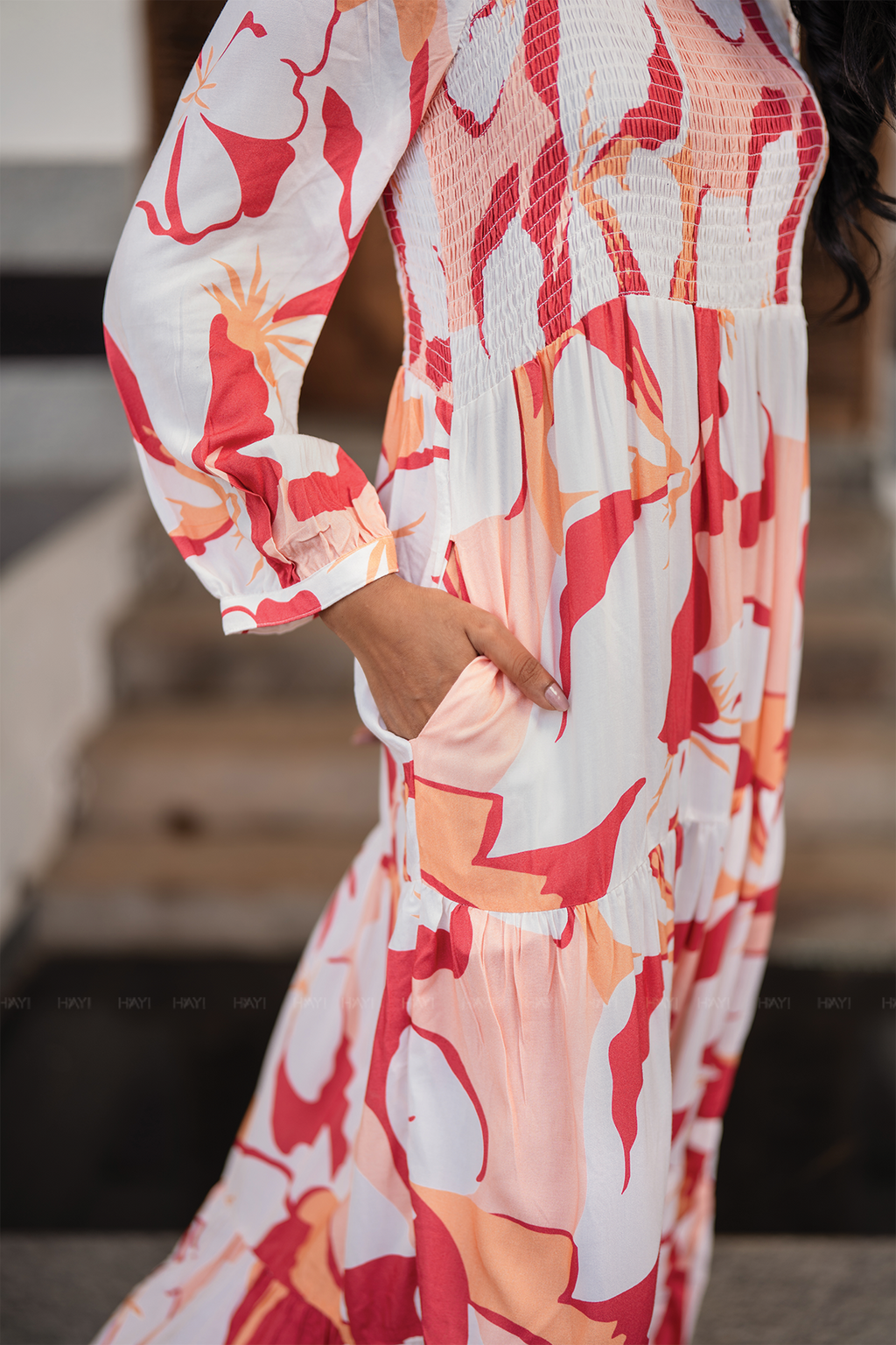 Sweet Sunset Beige Viscose Dress with Square Neckline & 3/4 Sleeves with Gathered Cuffs