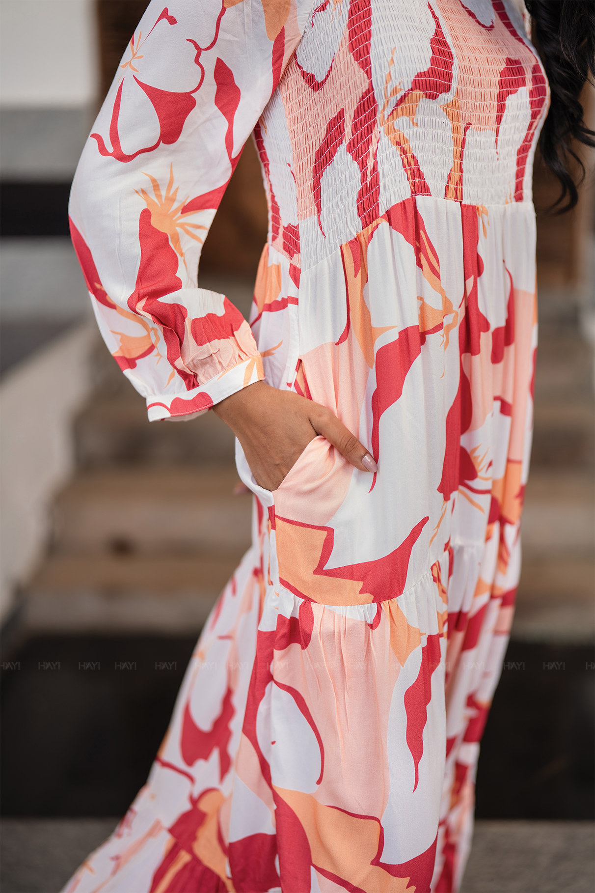 Sweet Sunset Beige Viscose Dress with Square Neckline & 3/4 Sleeves with Gathered Cuffs