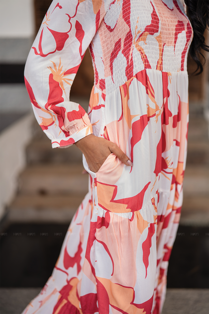 Sweet Sunset Beige Viscose Dress with Square Neckline & 3/4 Sleeves with Gathered Cuffs