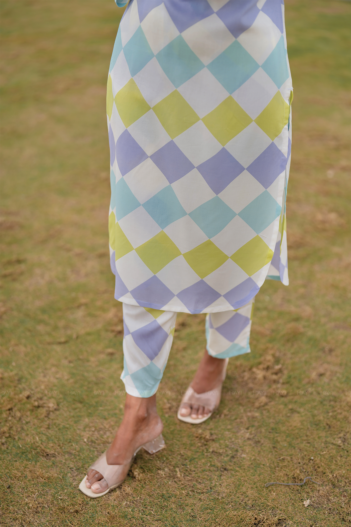 Pastel Patch Off-White Viscose Co-ord with Chinese Collar & 3/4th Sleeves