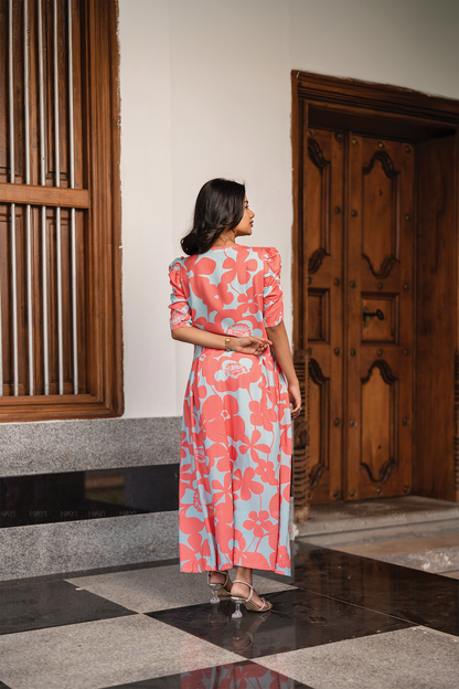 Coral Petal Blue Viscose Dress with Boat Neck & Ruched Sleeves