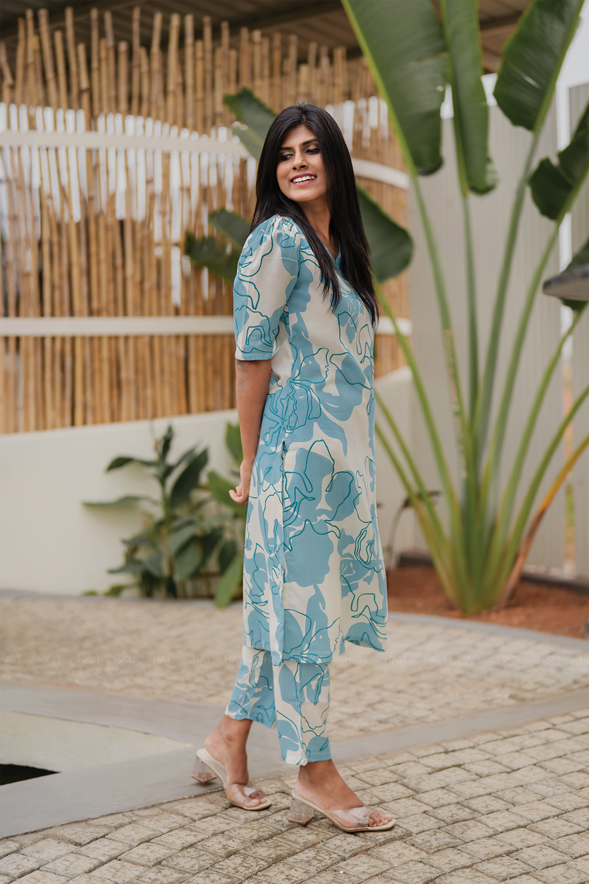Cloudwave Beige Viscose Co-ord with V-Neckline & Light Gathers with Elbow Sleeves