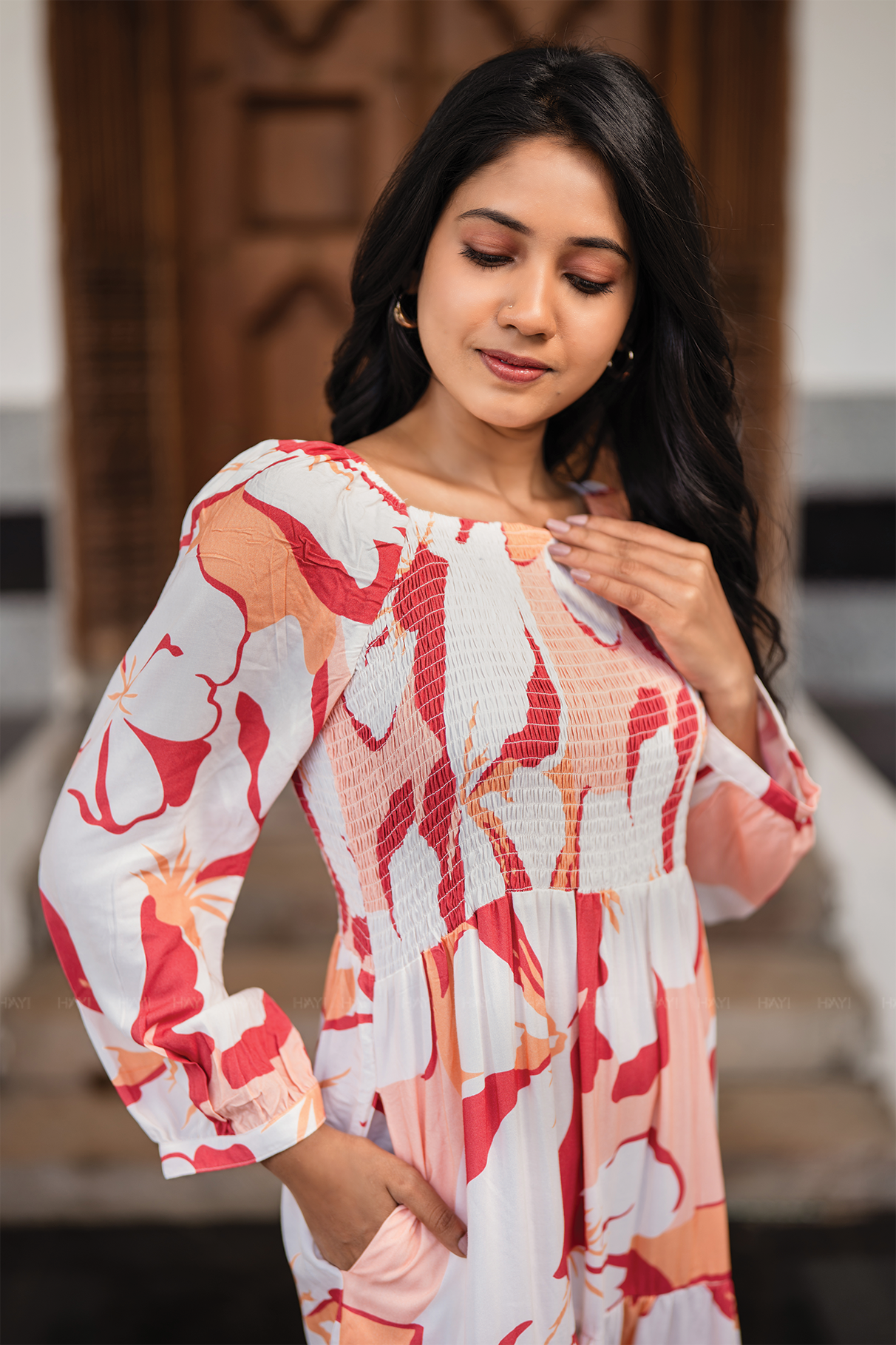 Sweet Sunset Beige Viscose Dress with Square Neckline & 3/4 Sleeves with Gathered Cuffs
