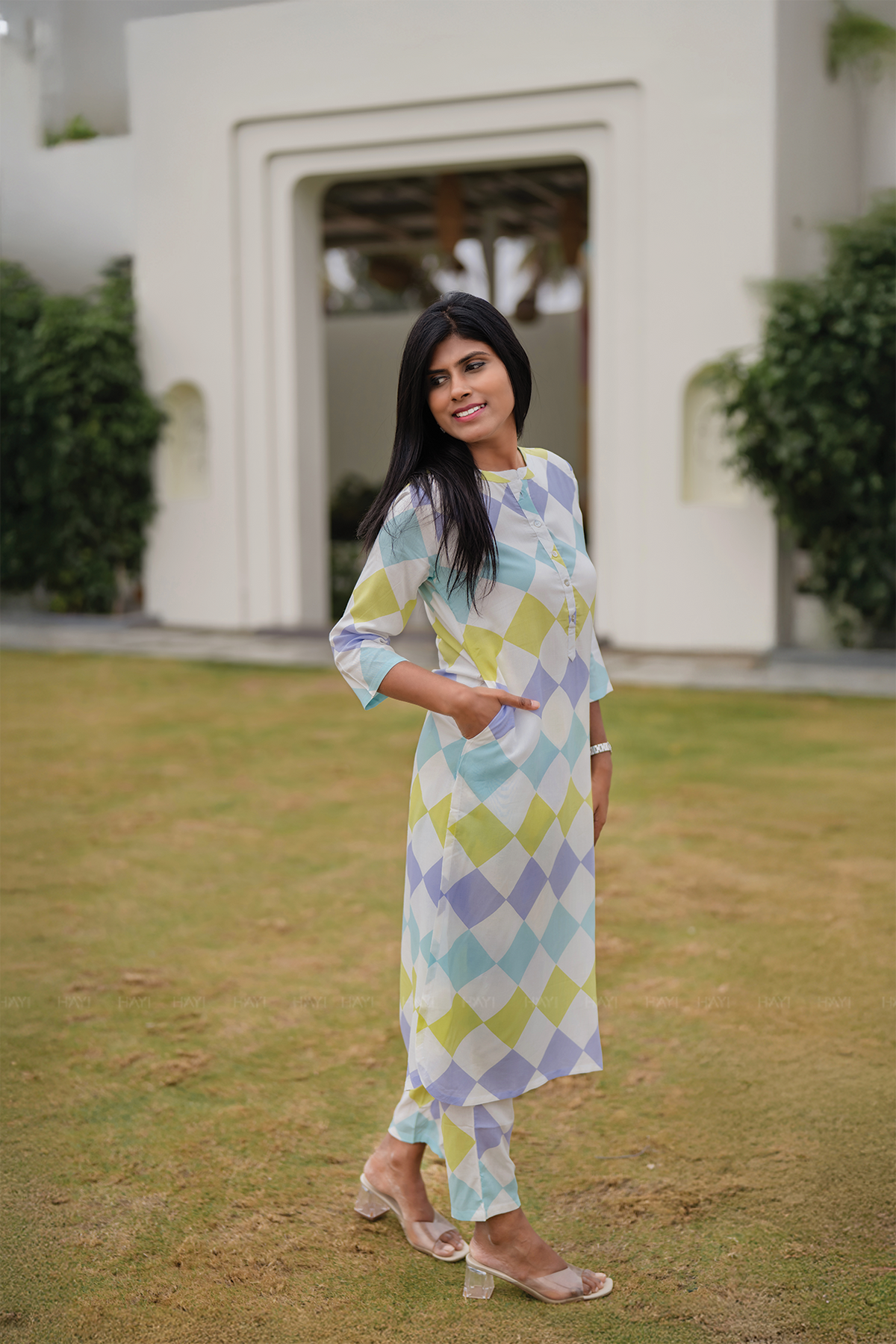 Pastel Patch Off-White Viscose Co-ord with Chinese Collar & 3/4th Sleeves