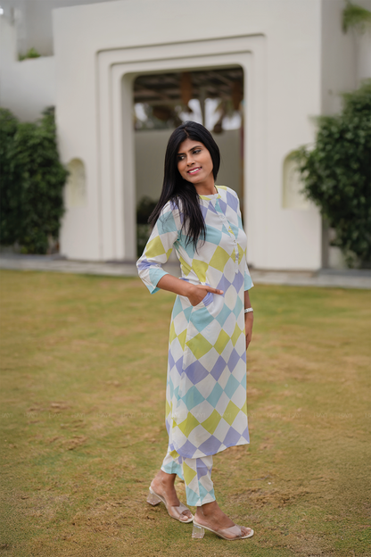 Pastel Patch Off-White Viscose Co-ord with Chinese Collar & 3/4th Sleeves