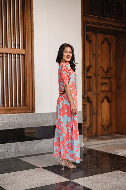 Coral Petal Blue Viscose Dress with Boat Neck & Ruched Sleeves