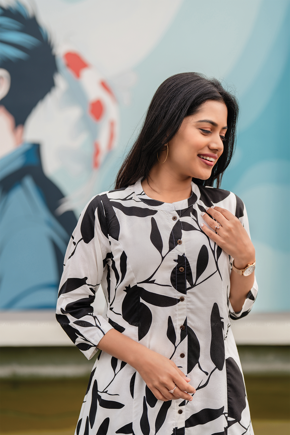 Grapica Bloom Off-White Viscose Co-ord with Chinese Collar & 3/4th Sleeves