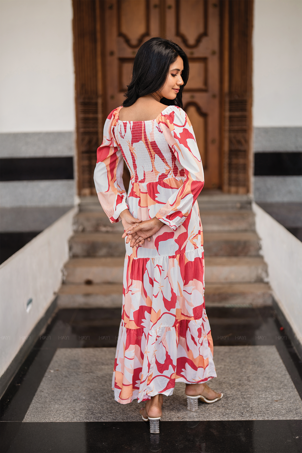 Sweet Sunset Beige Viscose Dress with Square Neckline & 3/4 Sleeves with Gathered Cuffs